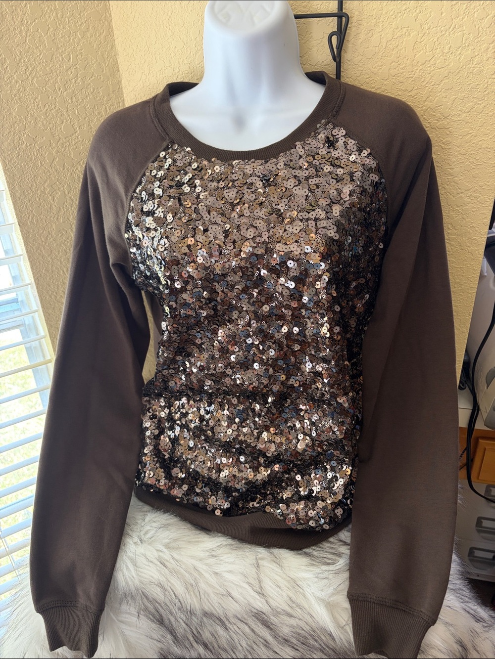 Forever 21 Brown Sequin Front Crewneck Sweatshirt
